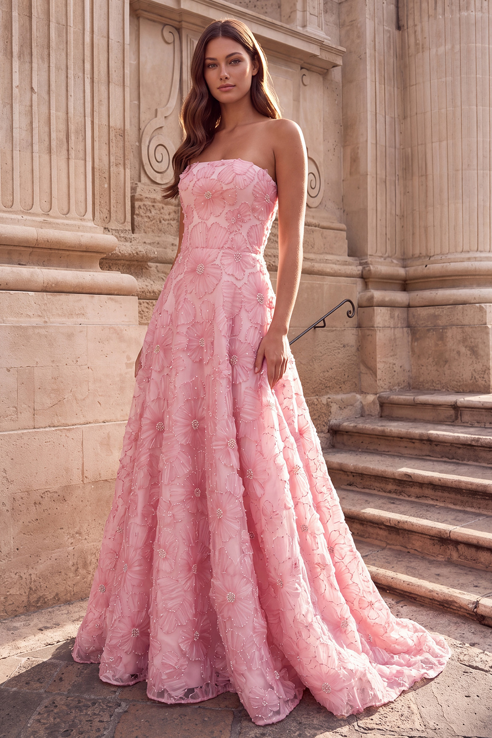 Pink Floral Strapless Beaded A Line Sweep Train Prom Dress