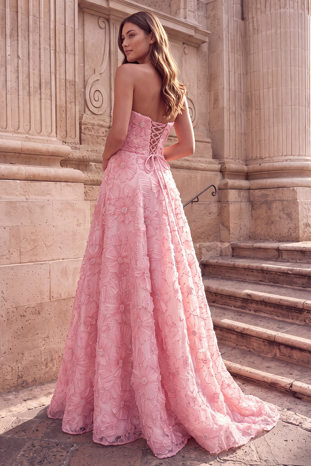 Pink Floral Strapless Beaded A Line Sweep Train Prom Dress