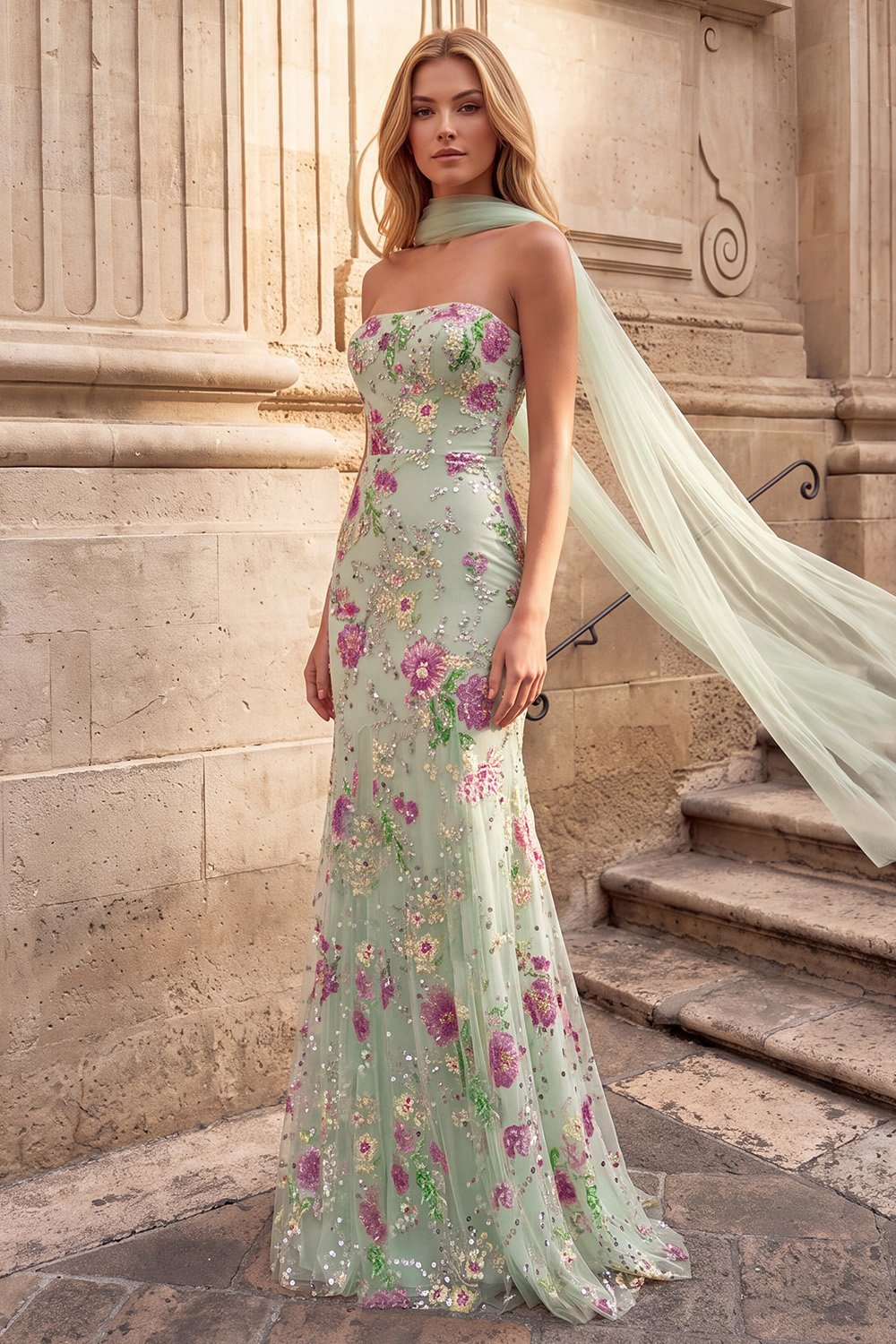 Sparkly Light Green Floral Sequin Strapless Long Prom Dress with Neck Scarf