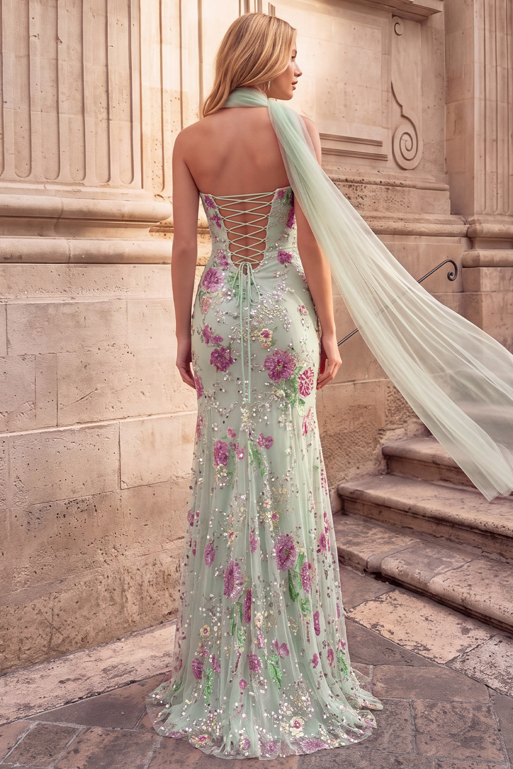 Sparkly Light Green Floral Sequin Strapless Long Prom Dress with Neck Scarf