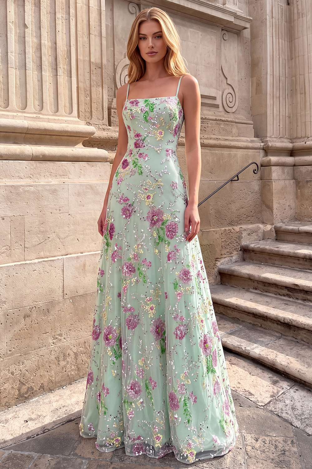 Sparkly Floral Light Green A Line Sequin Long Prom Dress 