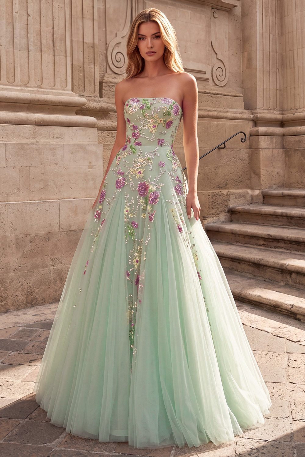 Light Green Sparkly Floral Pleated Strapless Sequin Long Prom Dress