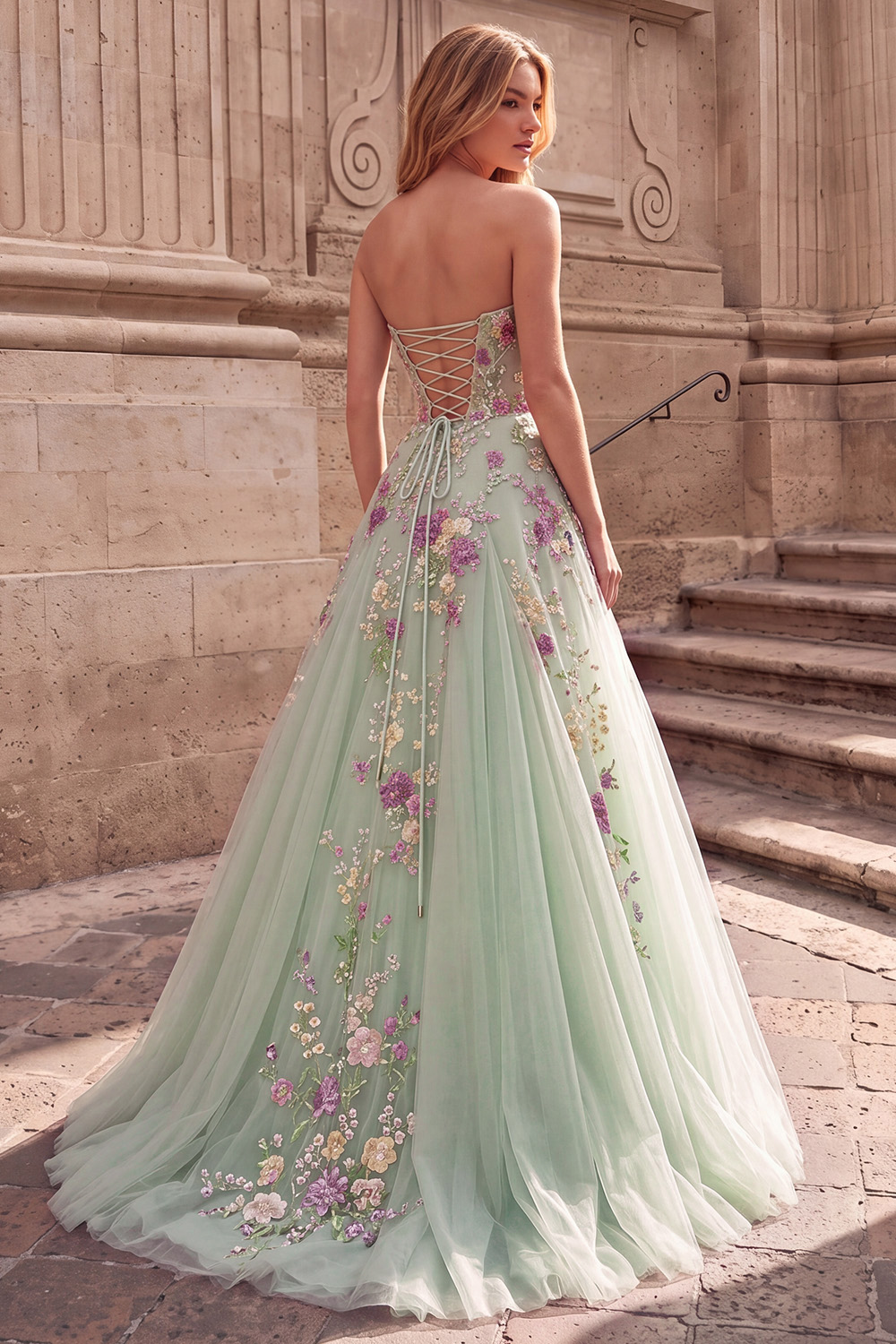 Light Green Sparkly Floral Pleated Strapless Sequin Long Prom Dress