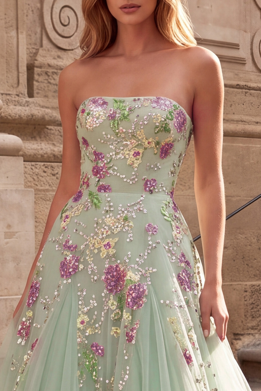 Light Green Sparkly Floral Pleated Strapless Sequin Long Prom Dress