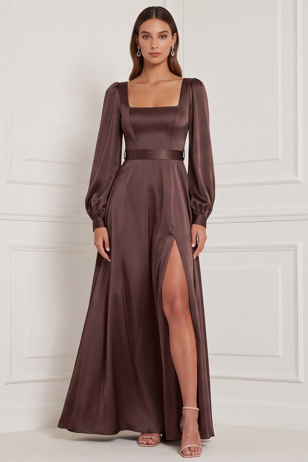 Espresso A-Line Square Neck Long Wedding Guest Dress with Slit