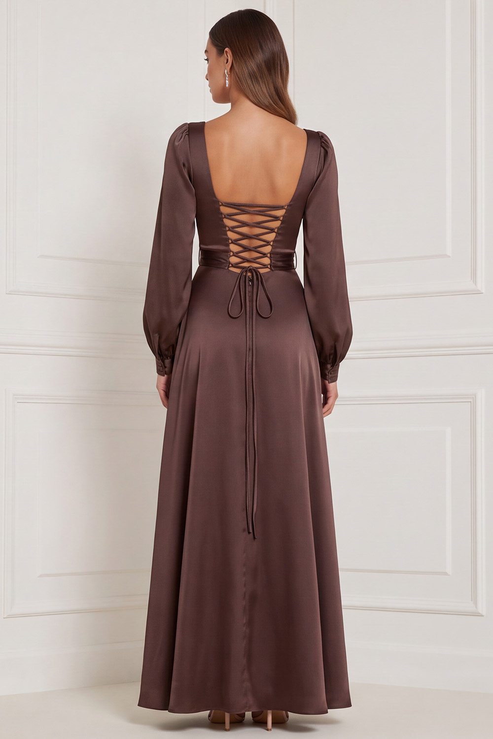 Espresso A-Line Square Neck Long Wedding Guest Dress with Slit