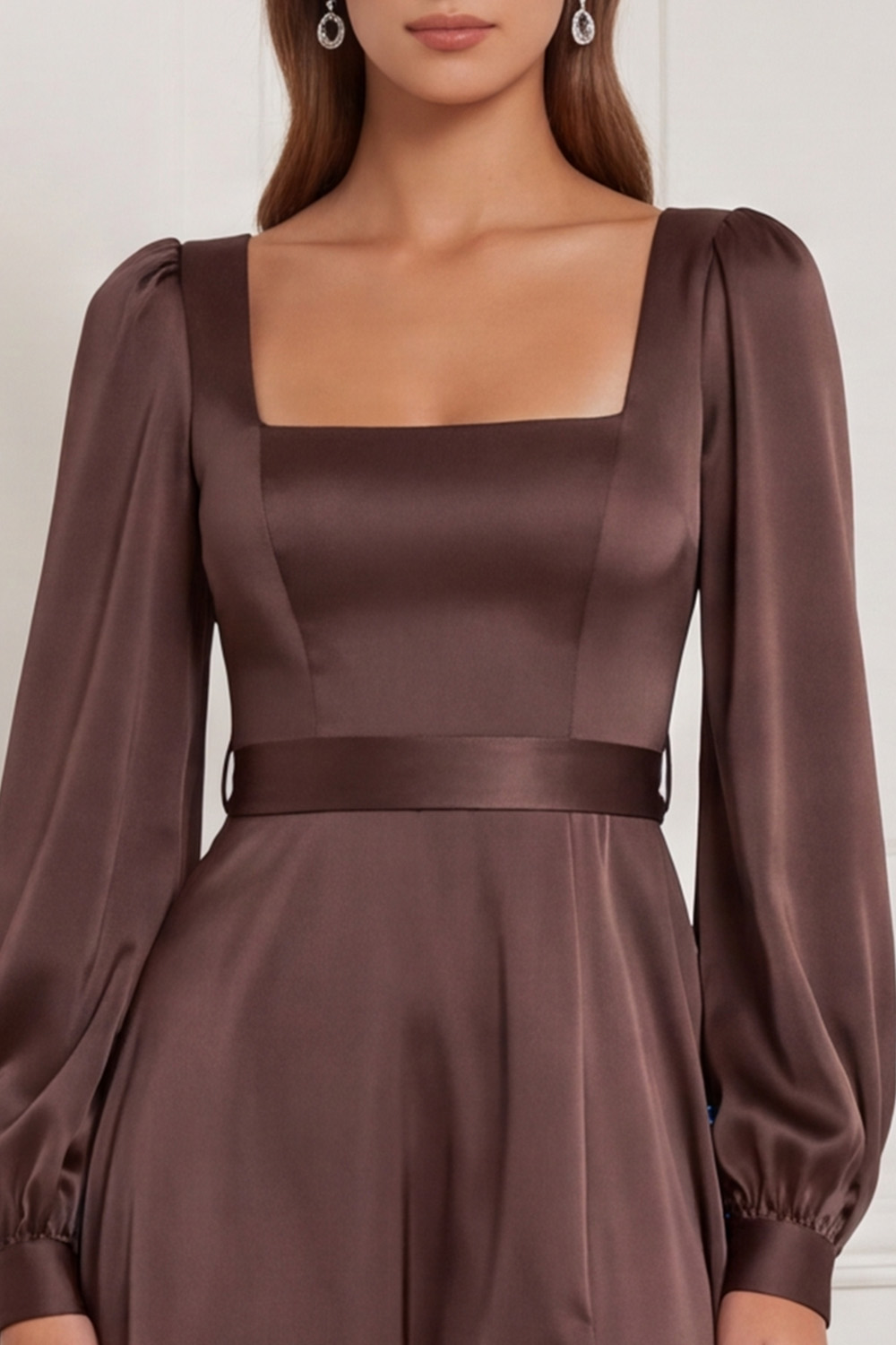 Espresso A-Line Square Neck Long Wedding Guest Dress with Slit