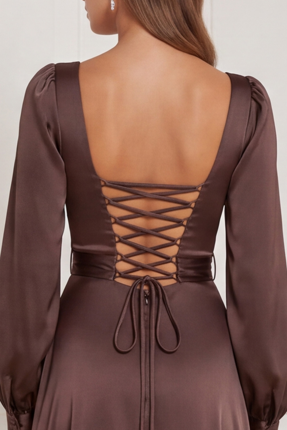 Espresso A-Line Square Neck Long Wedding Guest Dress with Slit