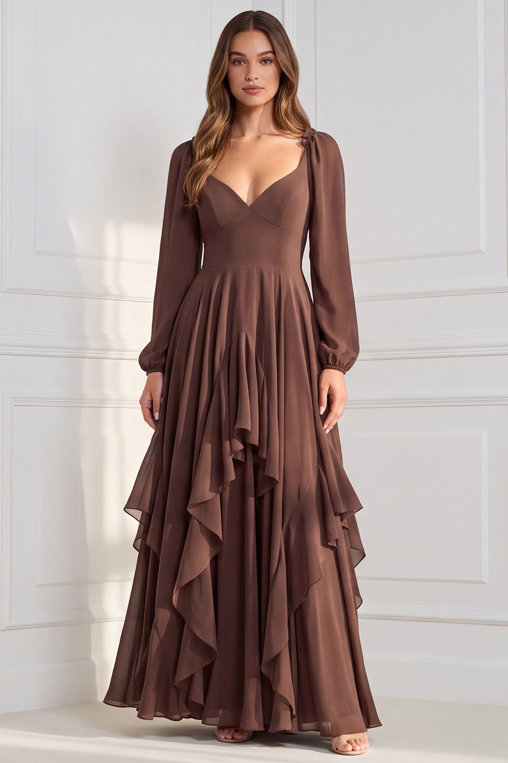 Ruffled Espresso V Neck Long Wedding Guest Dress 