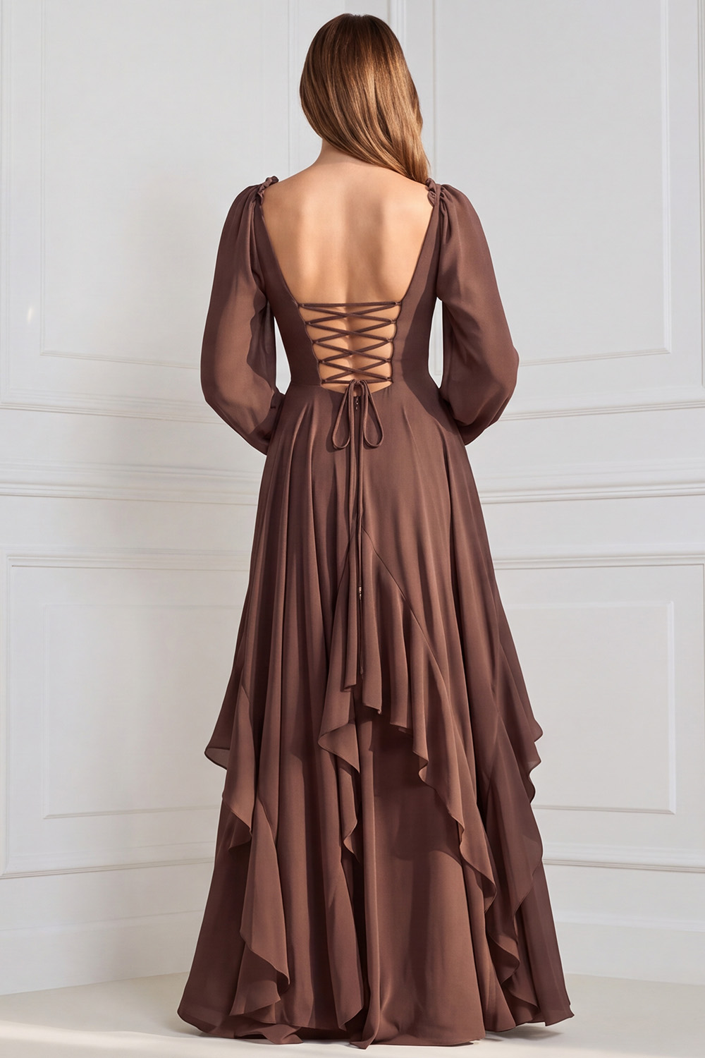 Ruffled Espresso V Neck Long Wedding Guest Dress 