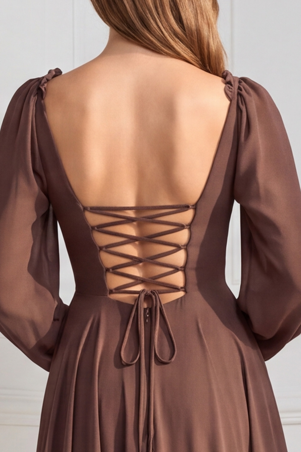 Ruffled Espresso V Neck Long Wedding Guest Dress 