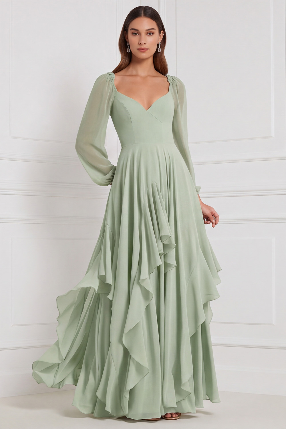 Ruffled Espresso V Neck Long Wedding Guest Dress 