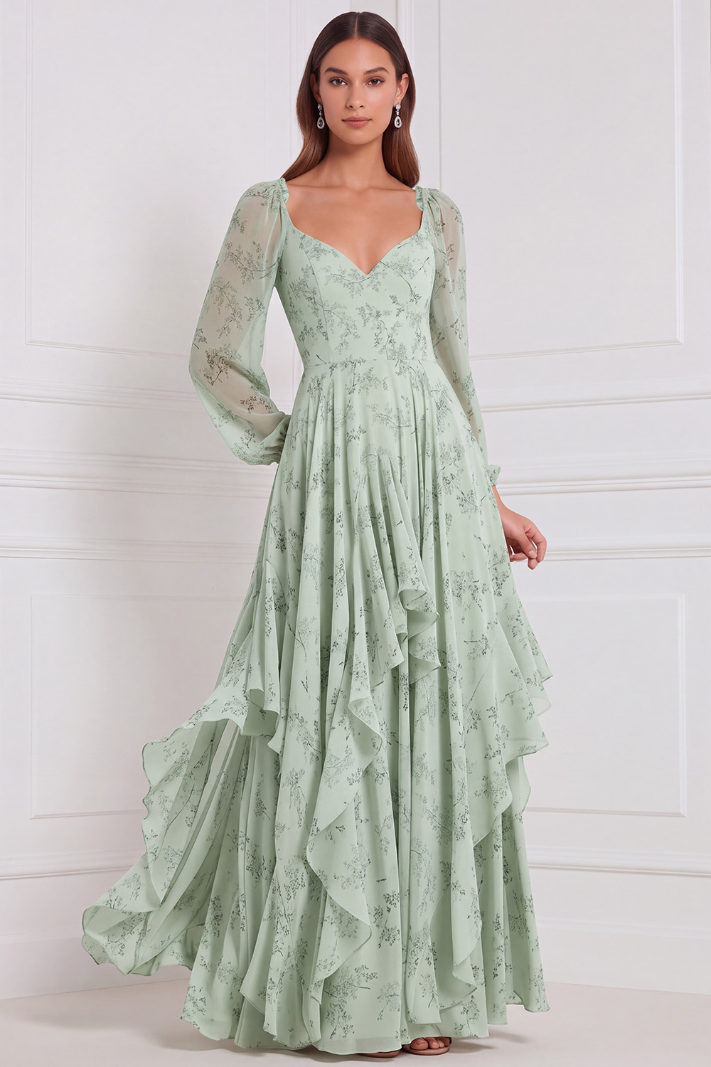 Ruffled Espresso V Neck Long Wedding Guest Dress 