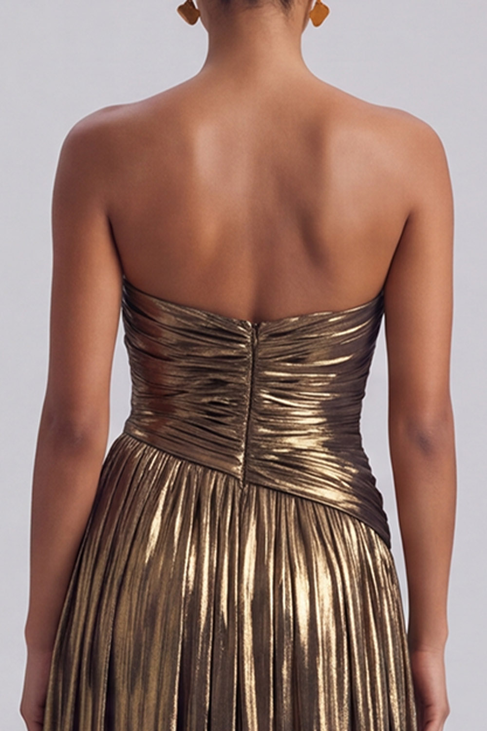 Sparkly Strapless Gold Long Metallic Formal Dress with Slit