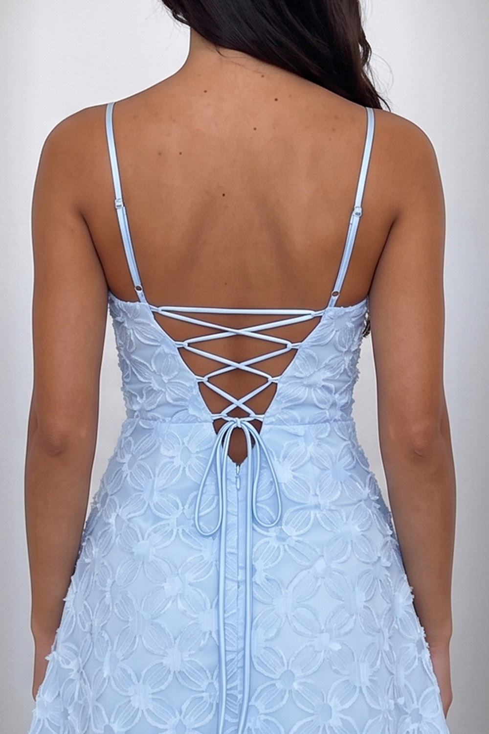 Light Blue Spaghetti Straps Floral Mini Birthday Dress with Bow