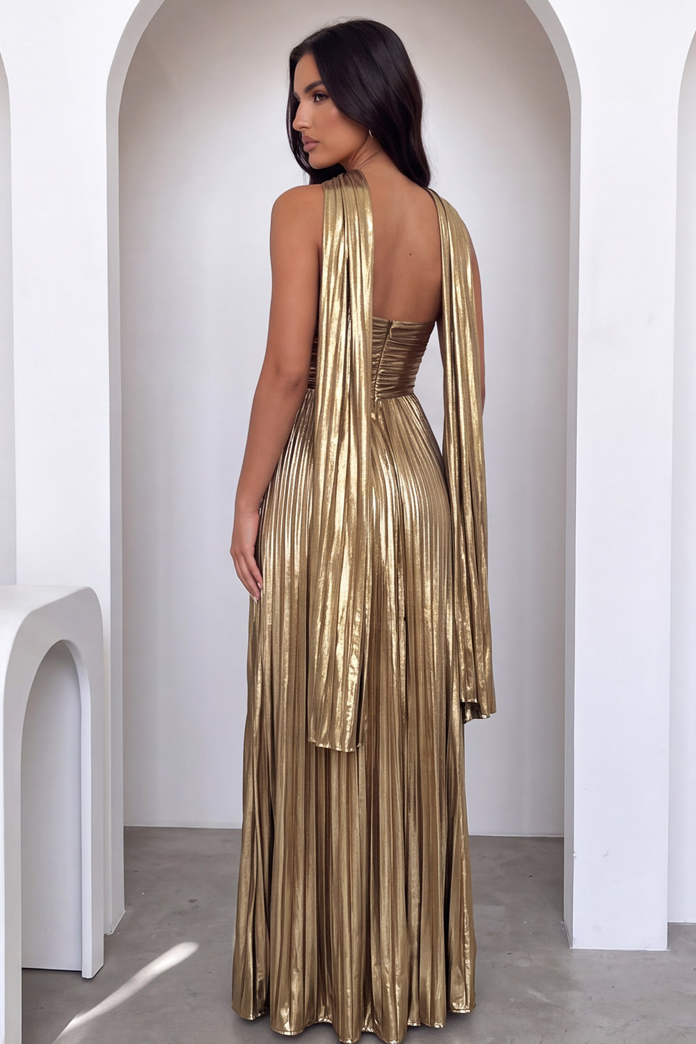 Gold Strapless Metallic Pleated Long Formal Dress with Cape