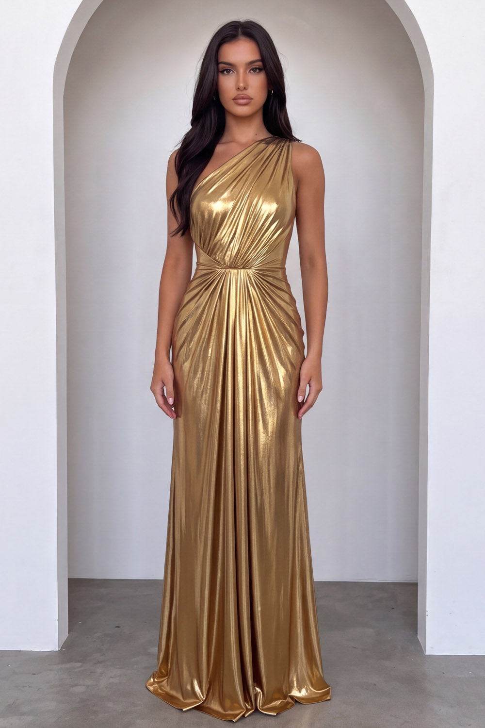 Gold Sheath One Shoulder Ruched Long Formal Dress