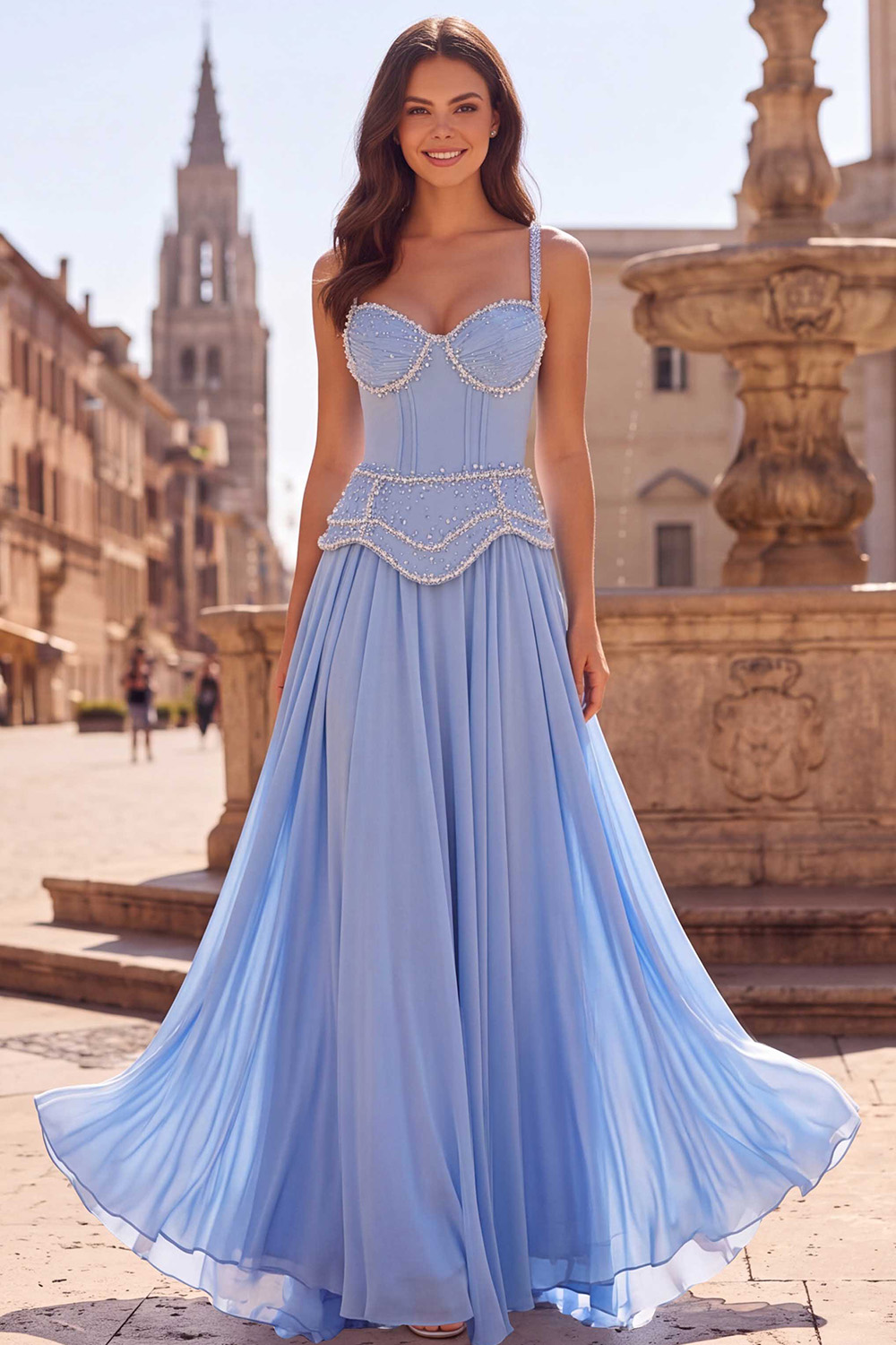 Sparkly Beaded Light Blue Corset Ruffled A-Line Long Prom Dress
