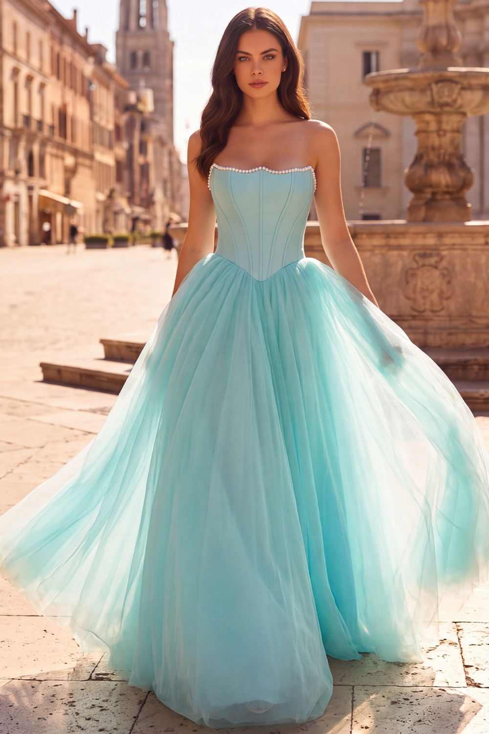 Mint Corset A Line Strapless Long Prom Dress with Pearls