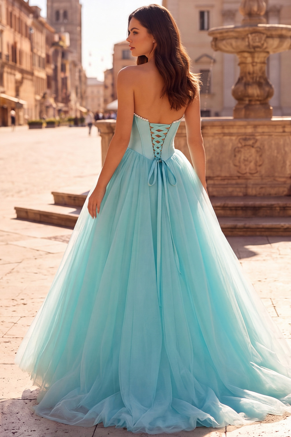 Mint Corset A Line Strapless Long Prom Dress with Pearls