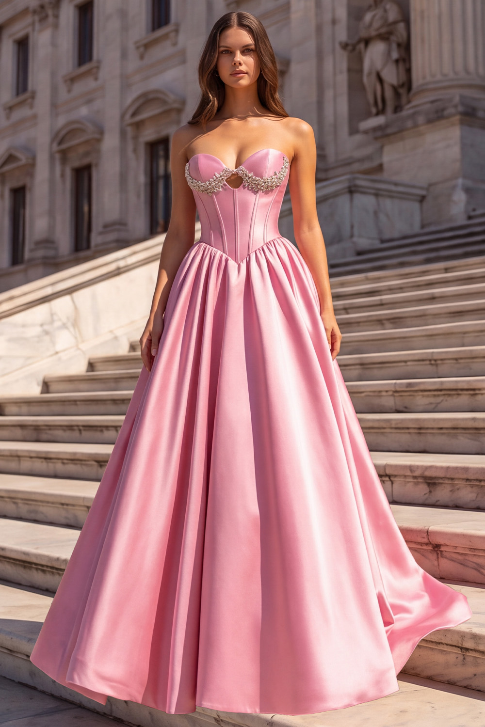 Pink Corset A Line Sweetheart Long Prom Dress with Beading