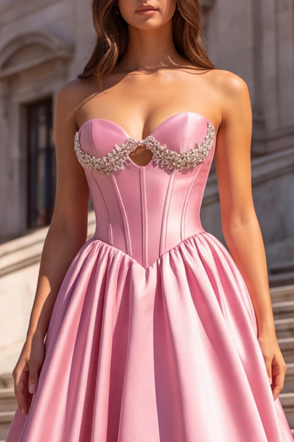 Pink Corset A Line Sweetheart Long Prom Dress with Beading