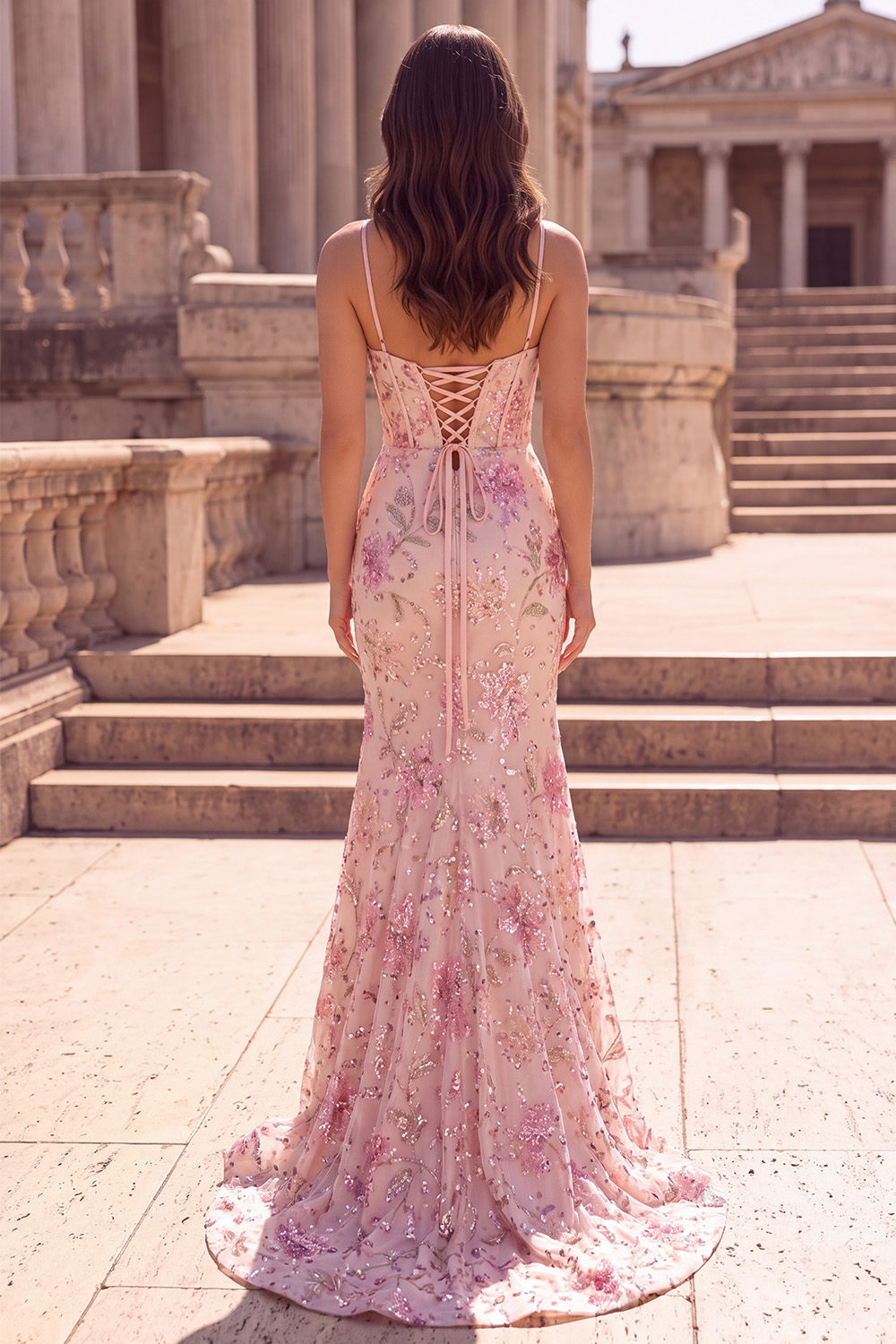 Pink Corset Sparkly Spaghetti Straps Long Prom Dress with Sequins