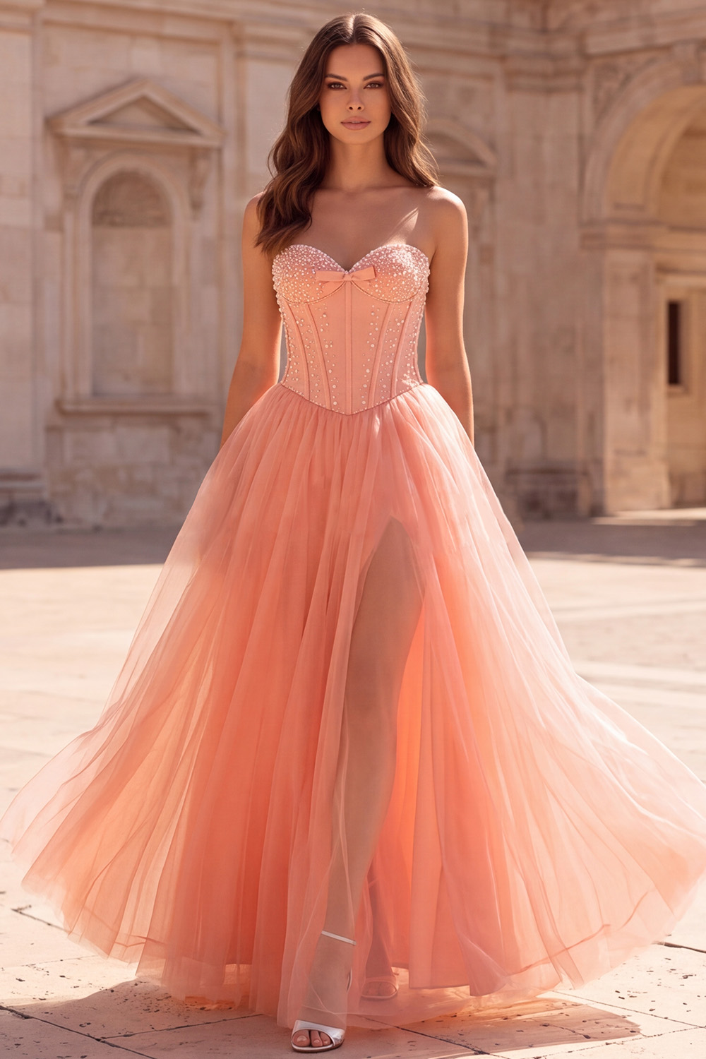 Corset Coral A-Line Sweetheart Long Prom Dress with Bow