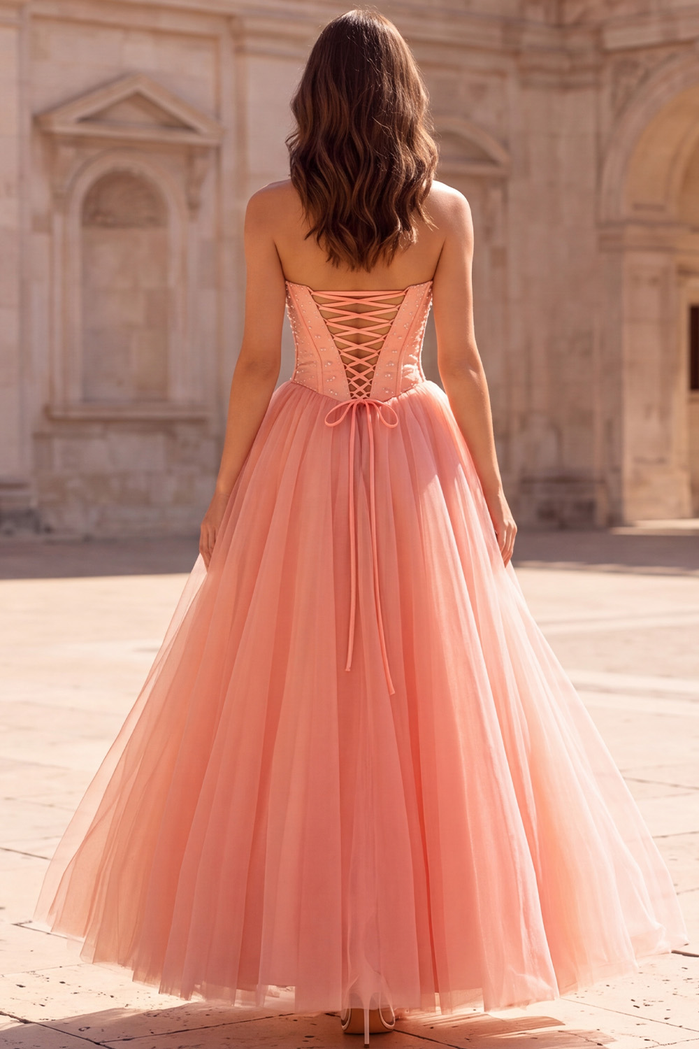 Corset Coral A-Line Sweetheart Long Prom Dress with Bow