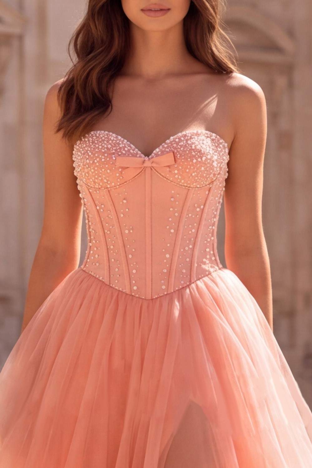Corset Coral A-Line Sweetheart Long Prom Dress with Bow