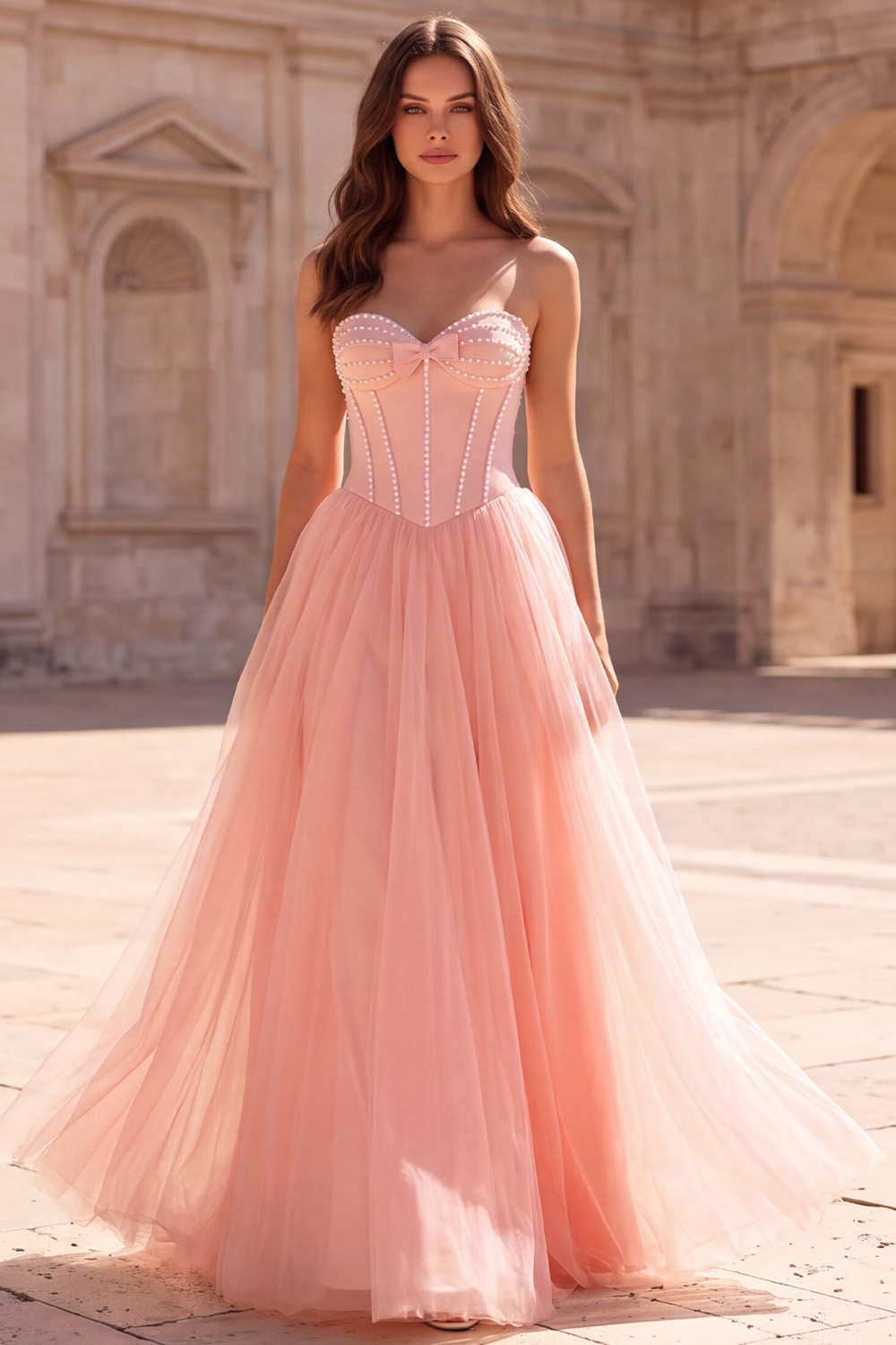 Pink Corset A-Line Sweetheart Tulle Long Prom Dress with Pearls