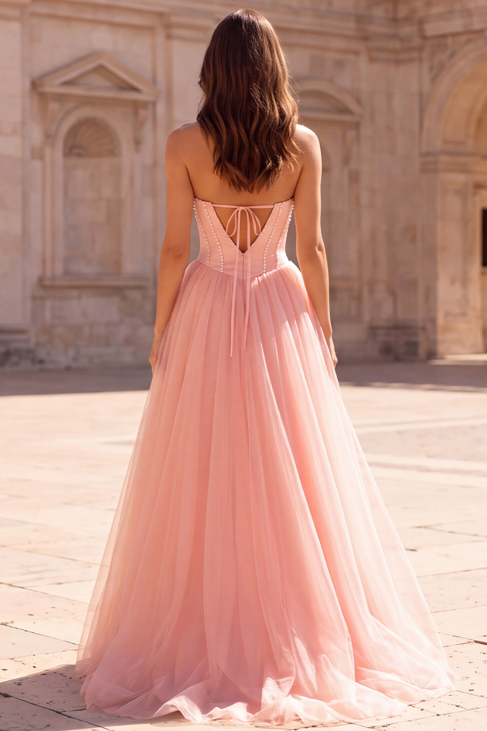 Pink Corset A-Line Sweetheart Tulle Long Prom Dress with Pearls