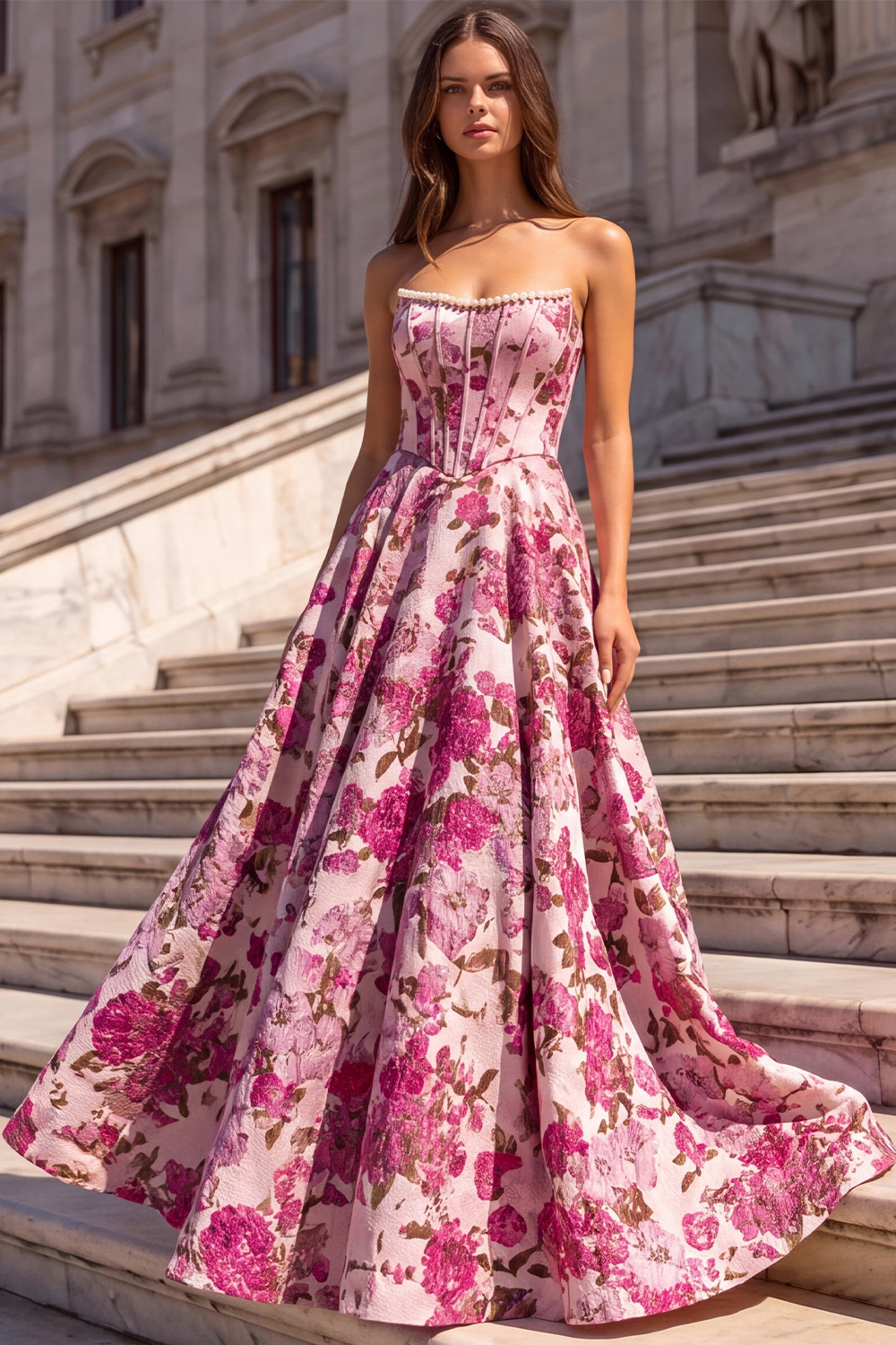 Fuchsia Corset Strapless A-Line Floral Long Prom Dress