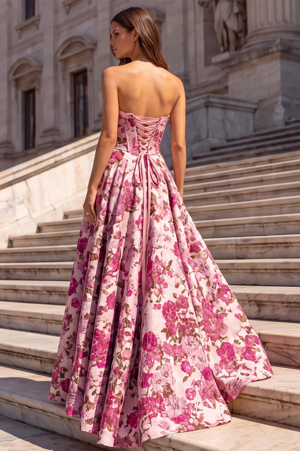 Fuchsia Corset Strapless A-Line Floral Long Prom Dress