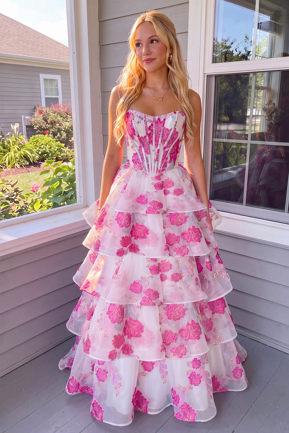 Fuchsia Corset Strapless Tiered Floral Long Prom Dress