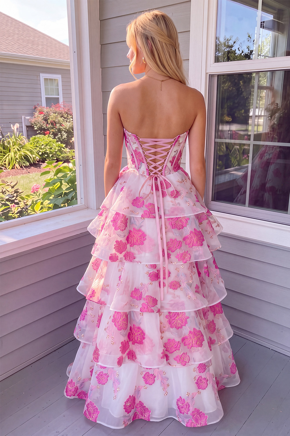 Fuchsia Corset Strapless Tiered Floral Long Prom Dress