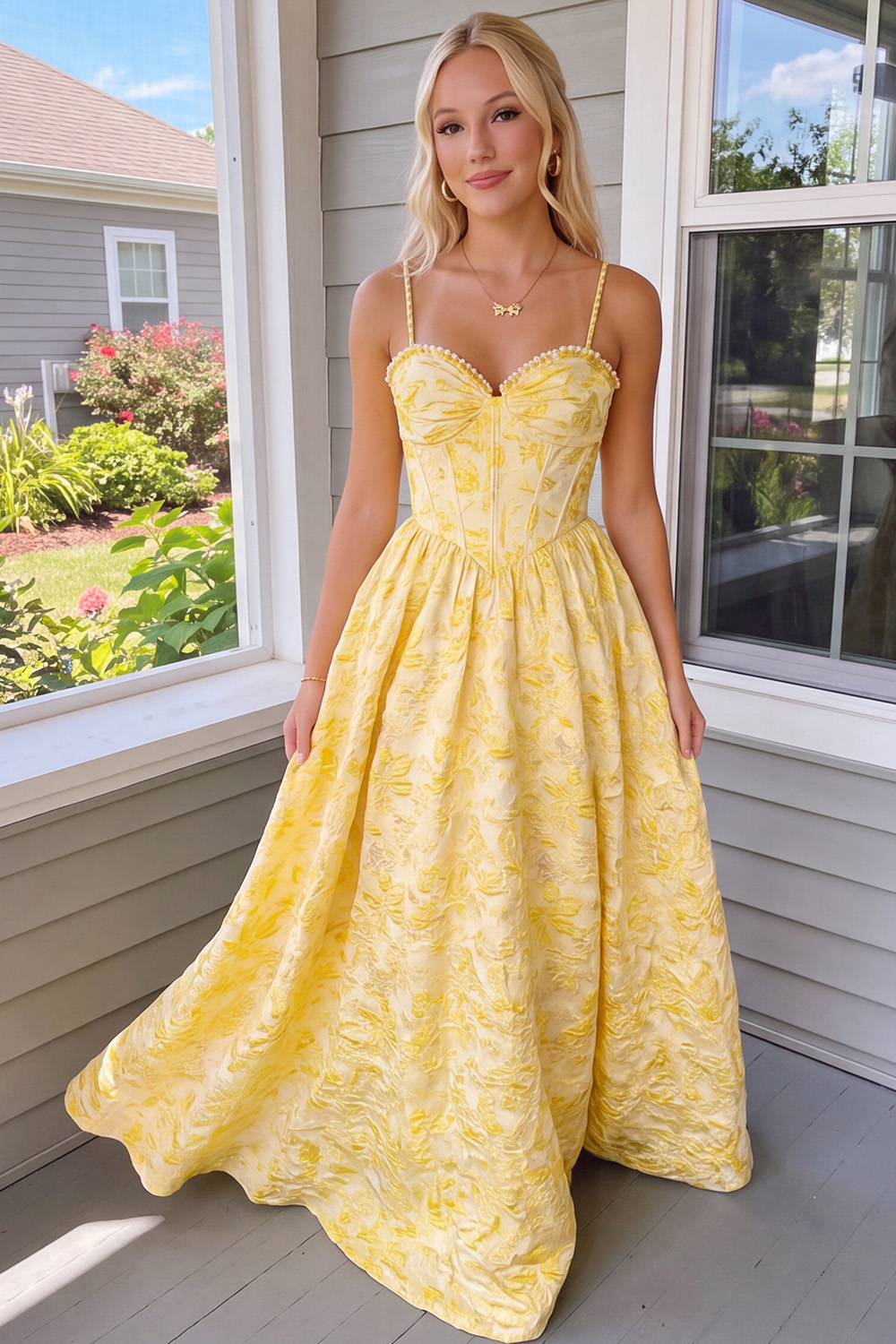 Corset Floral Daffodil A-Line Jacquard Long Prom Dress with Pearls