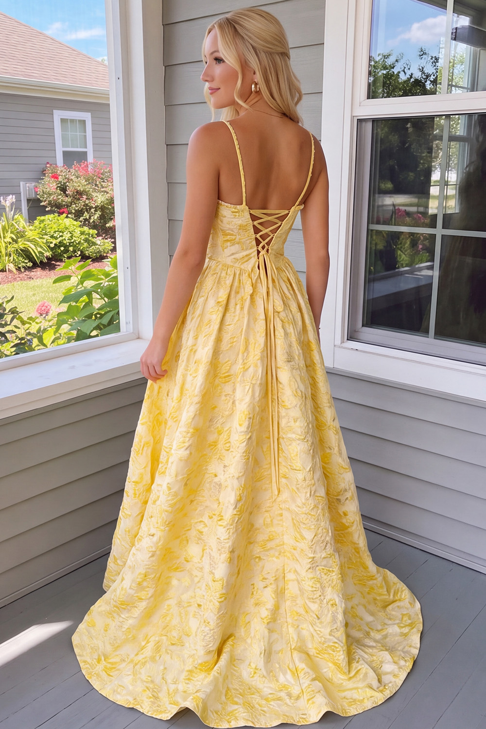 Corset Floral Daffodil A-Line Jacquard Long Prom Dress with Pearls
