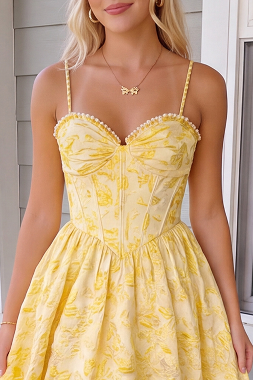Corset Floral Daffodil A-Line Jacquard Long Prom Dress with Pearls