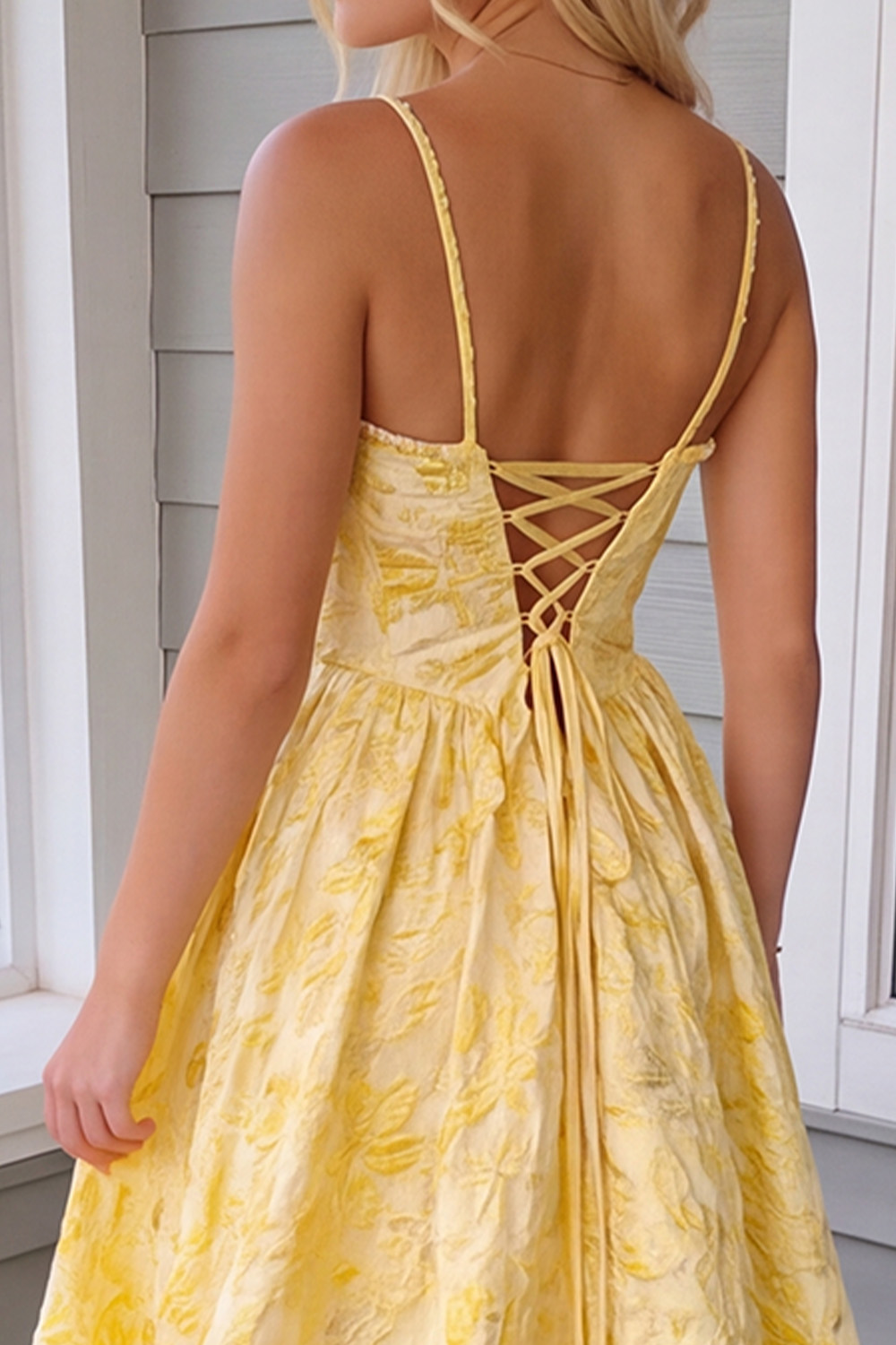 Corset Floral Daffodil A-Line Jacquard Long Prom Dress with Pearls