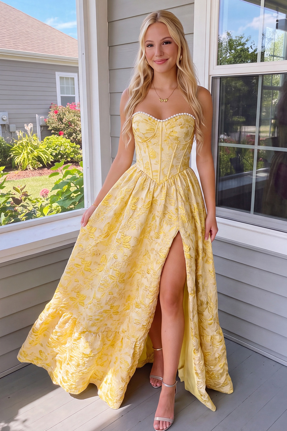 Daffodil Corset A-Line Sweetheart Floral Long Prom Dress with Slit