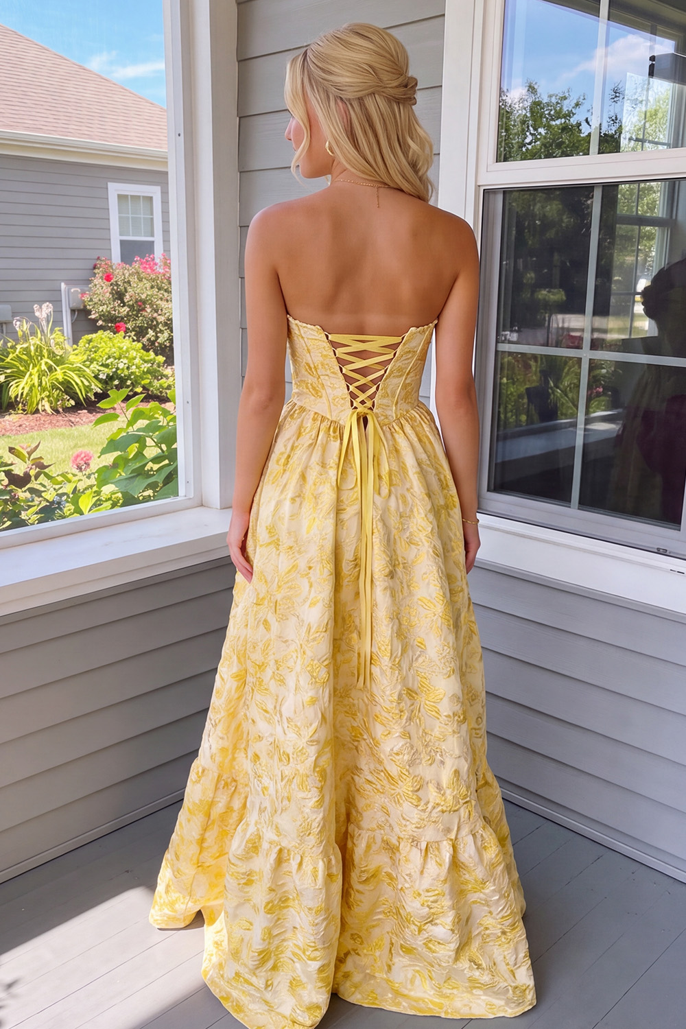 Daffodil Corset A-Line Sweetheart Floral Long Prom Dress with Slit