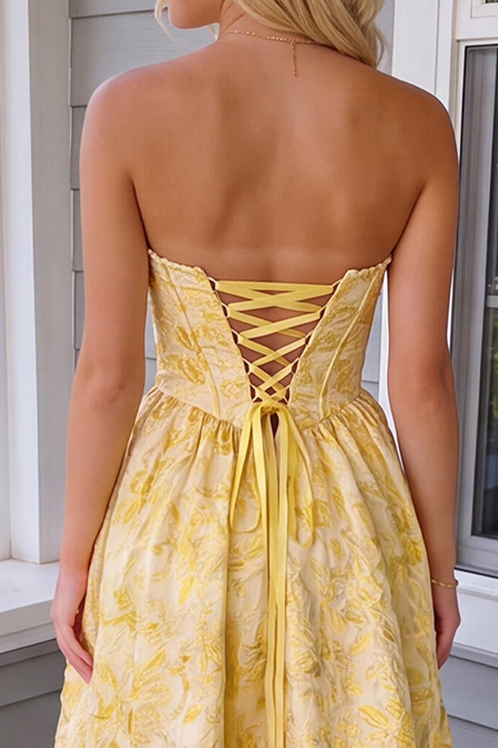 Daffodil Corset A-Line Sweetheart Floral Long Prom Dress with Slit