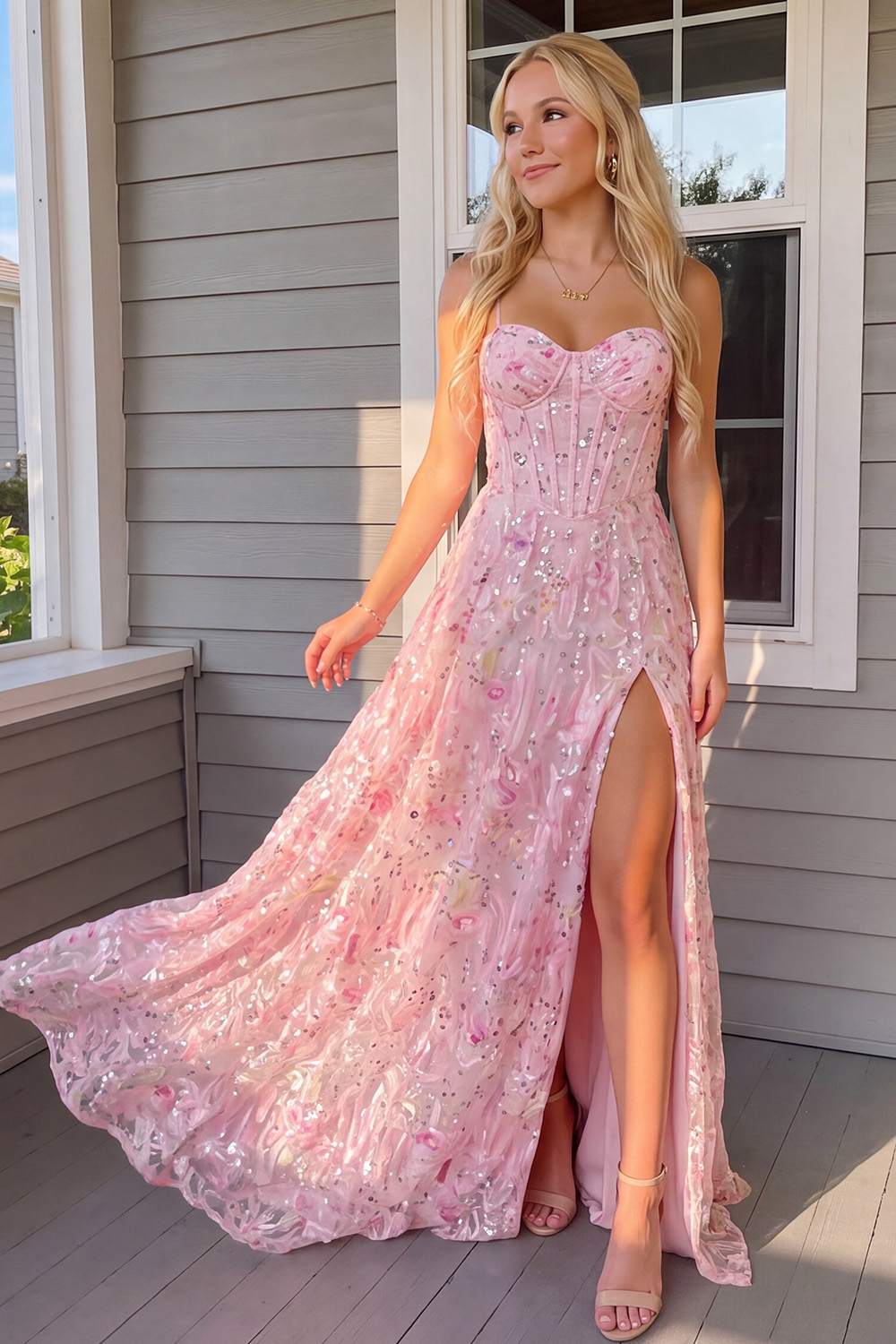 Pink Sparkly Sequin Corset A-Line Long Prom Dress with Slit