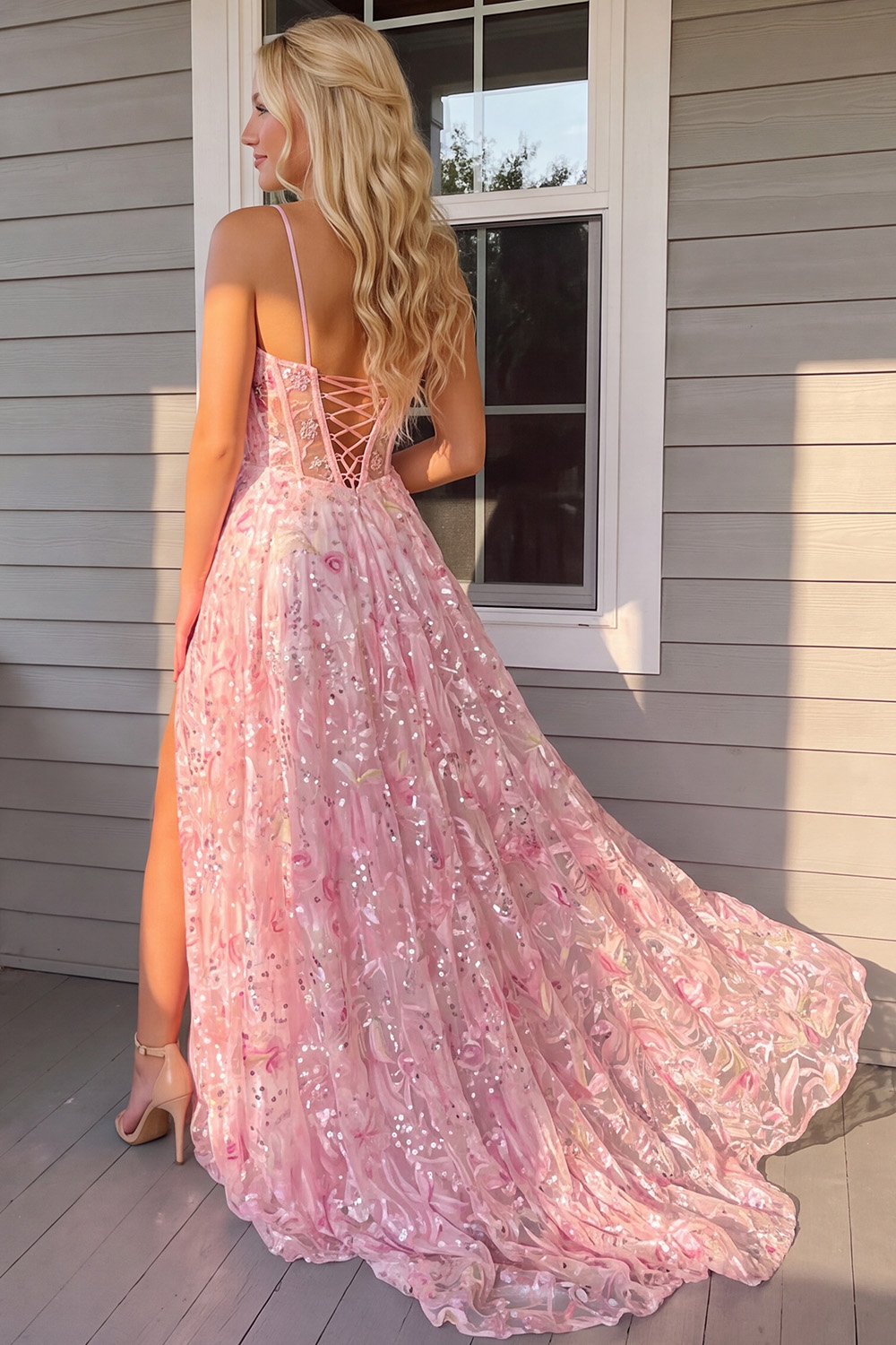 Pink Sparkly Sequin Corset A-Line Long Prom Dress with Slit
