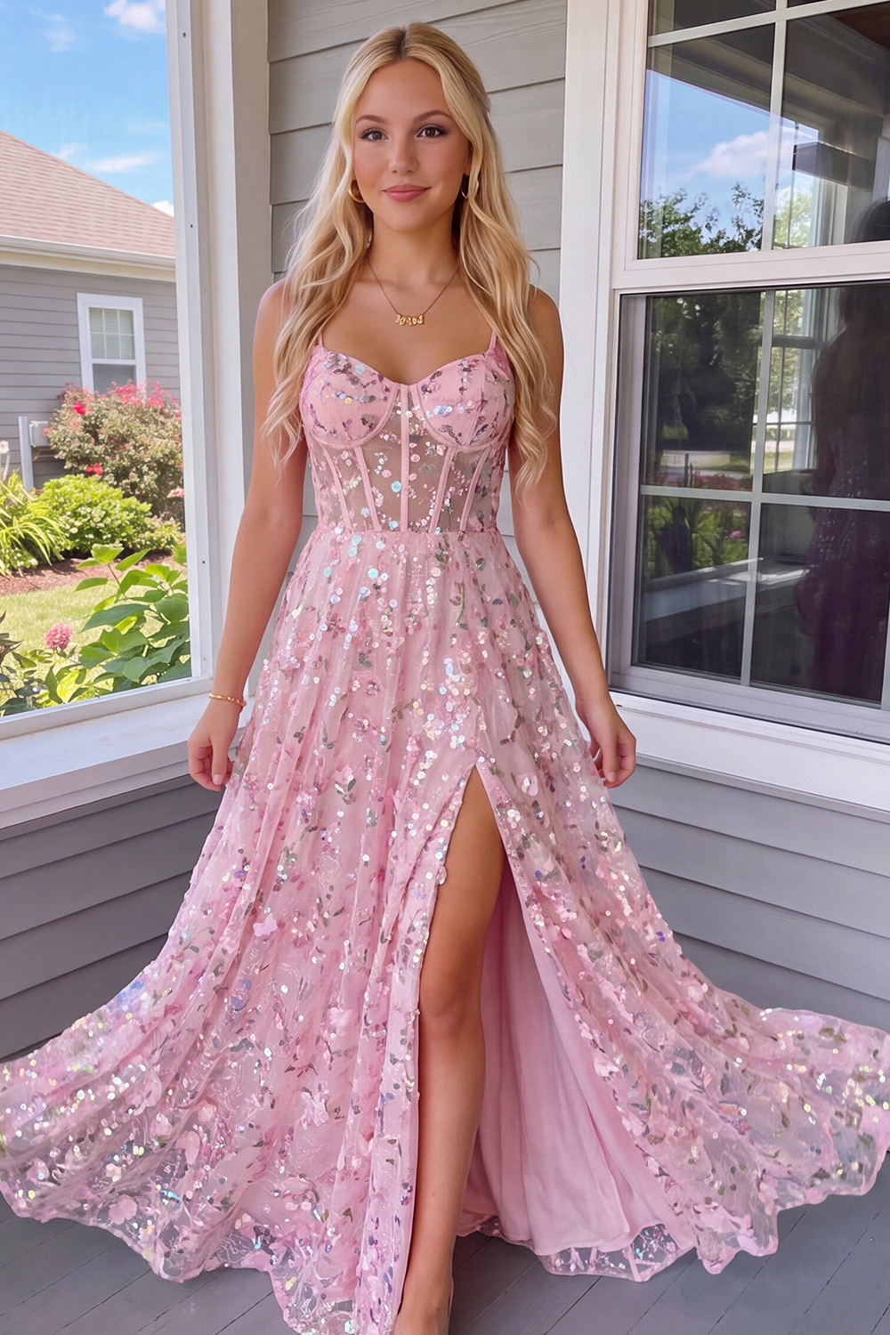 Sparkly Pink Corset A-Line Sequins Long Prom Dress with Slit
