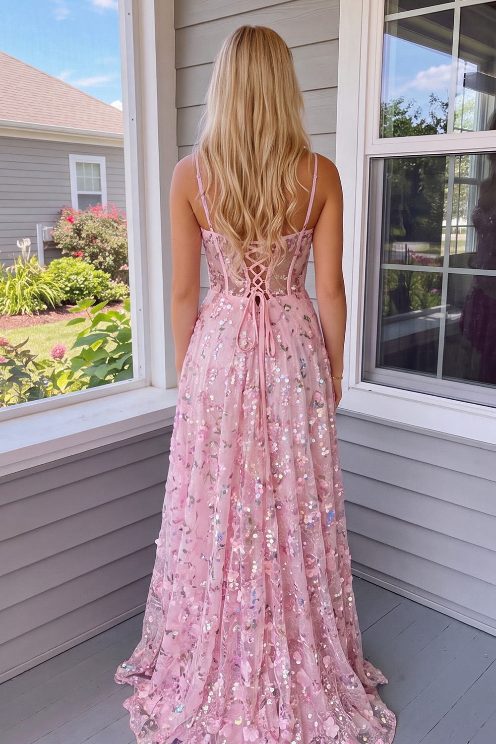 Sparkly Pink Corset A-Line Sequins Long Prom Dress with Slit