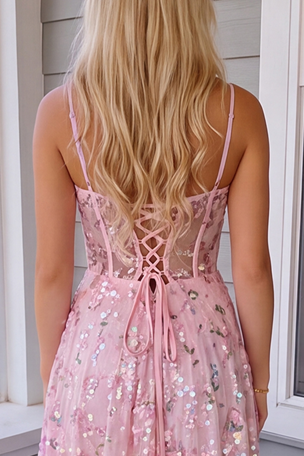 Sparkly Pink Corset A-Line Sequins Long Prom Dress with Slit