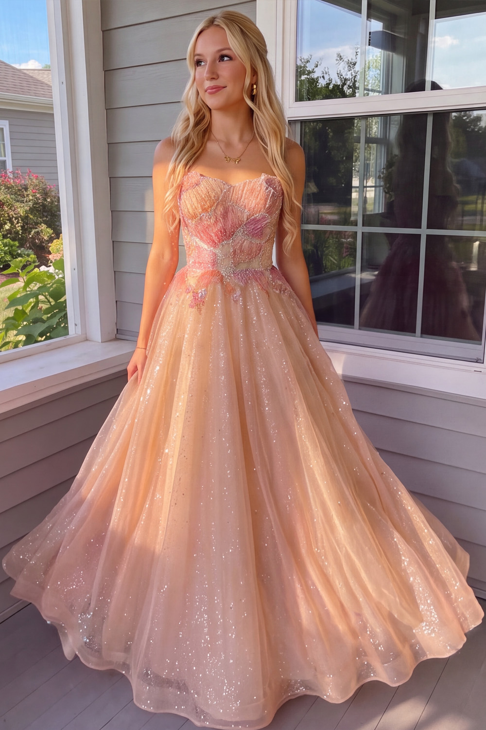Sparkly Orange Pink A-Line Sweetheart Glitter Long Prom Dress