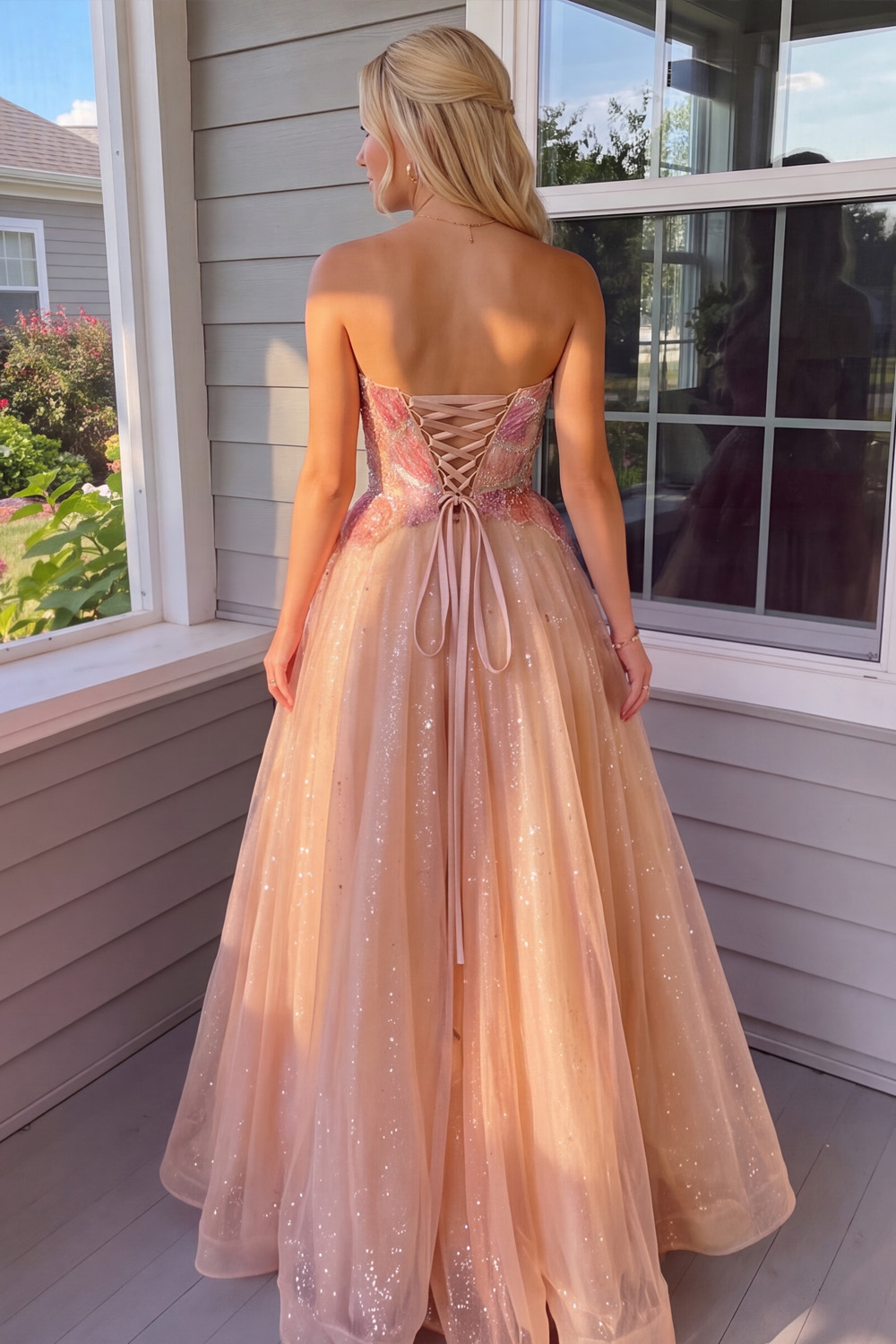 Sparkly Orange Pink A-Line Sweetheart Glitter Long Prom Dress